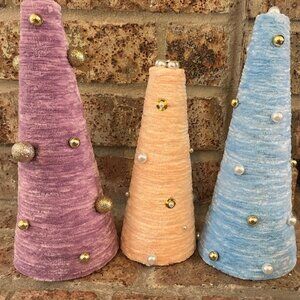 Set Of 3 PASTEL Christmas Trees Cone Yarn Rope Twine Trees w/ Mini Pearls & Gold